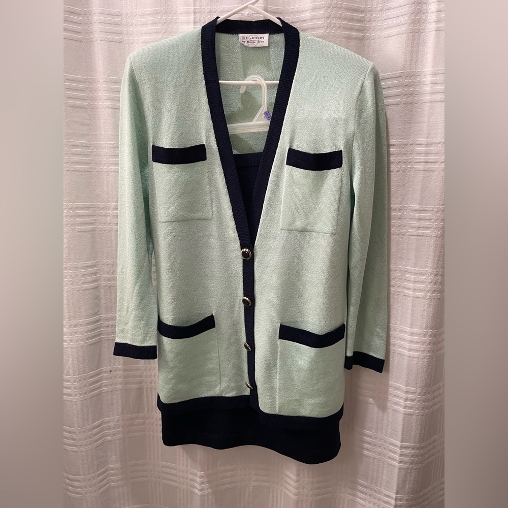 St John by Marie Gray knit skirt set with cardigan mint green & blue size 12